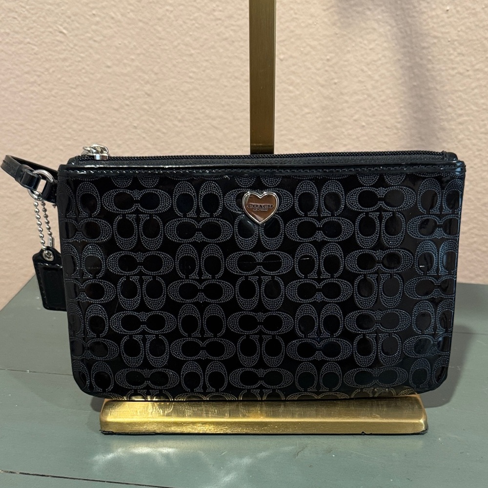 Coach Black Patent Leather Wristlet with Heart Detail